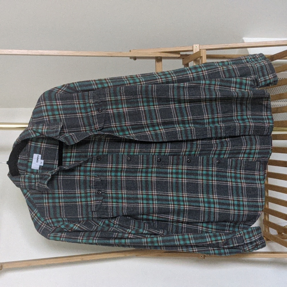 Gray Teal Rust Flannel Shirt Plaid Print Size M